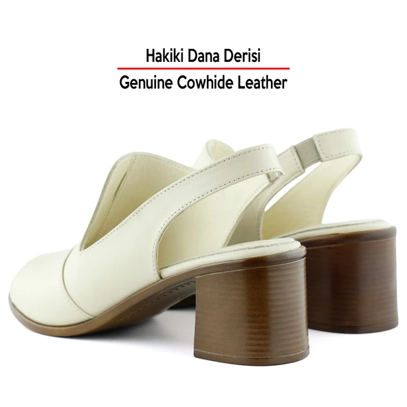 Erkan Saçmacı Emilia Bej Hakiki Deri Arkası Açık Lastik Bantlı Kalın Topuklu Rahat Günlük Sandalet - 5