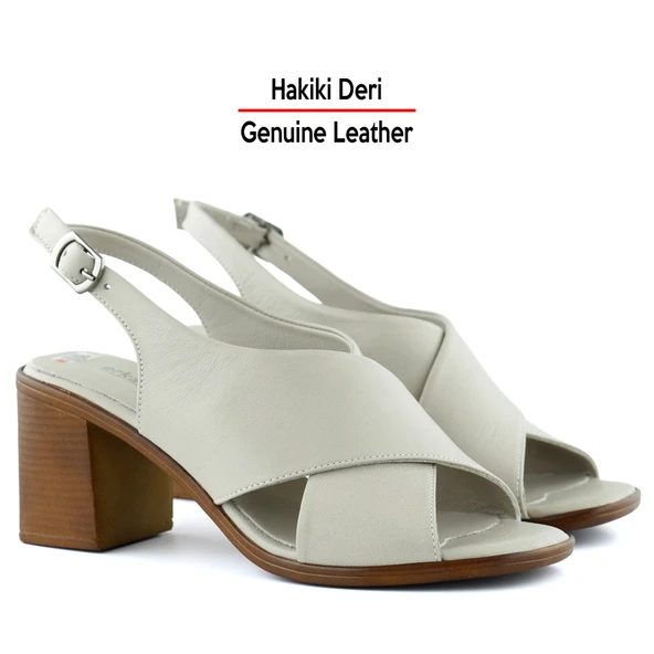 Erkan Saçmacı Soleil Vizon Hakiki Deri Çapraz Bantlı Kalın Topuklu Sandalet - 3