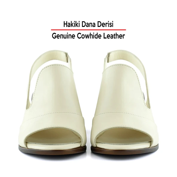 Erkan Saçmacı Emilia Bej Hakiki Deri Arkası Açık Lastik Bantlı Kalın Topuklu Rahat Günlük Sandalet - 4