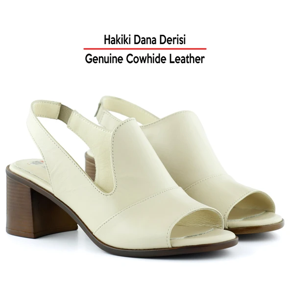 Erkan Saçmacı Emilia Bej Hakiki Deri Arkası Açık Lastik Bantlı Kalın Topuklu Rahat Günlük Sandalet - 3