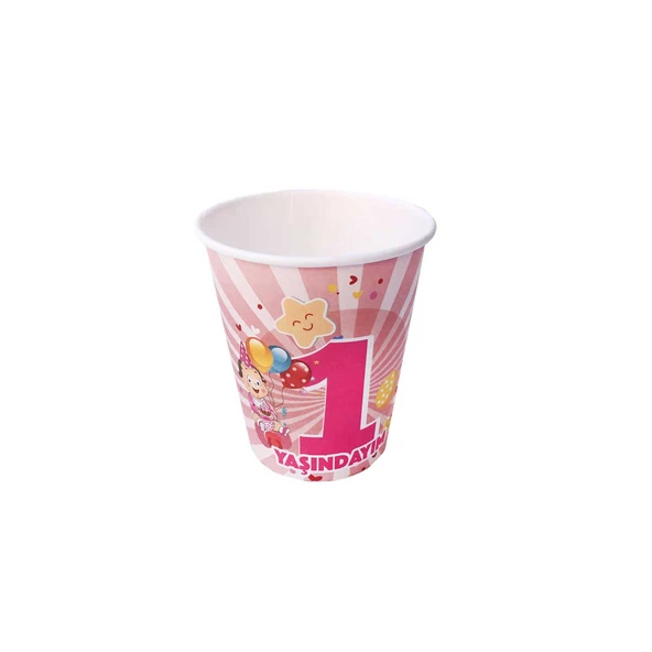 Karton Bardak 1 Yaşındayım Yazılı Balonlu 8 OZ (8 Adet)  Pembe