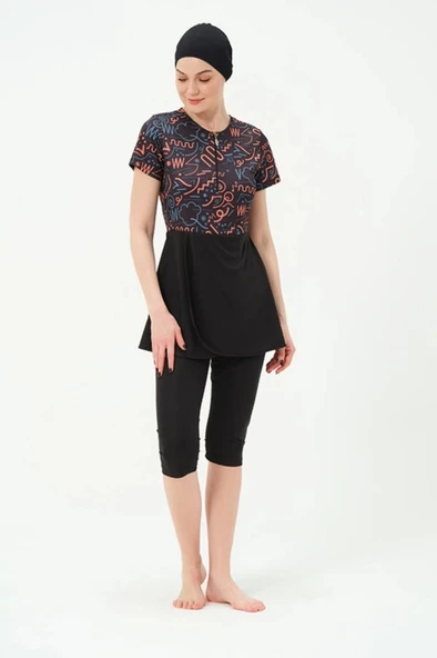 Tesmay 2312 Siyah Turuncu Lycralı Yarı Kapalı Havuz Mayo - Resim 5