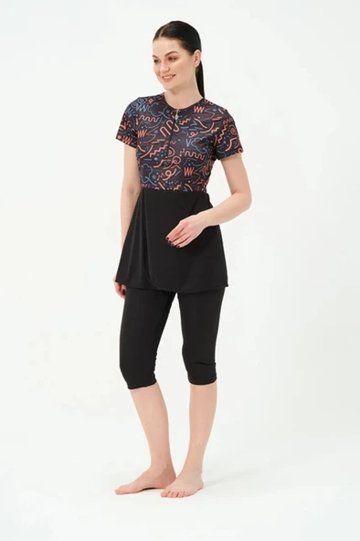 Tesmay 2312 Siyah Turuncu Lycralı Yarı Kapalı Havuz Mayo - Resim 7