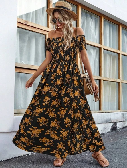 Lucky Life Kadın Kısa Kollu Madonna Yaka Yırtmaçlı çiçek Desenli Süprem Elbise ürün görseli 1