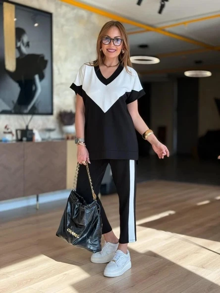 Lucky Life Kadın Kısa Kollu V Yaka Siyah Beyaz Renkli Viskon Iki Iplik Kumaş Eşofman Takımı - Resim 5