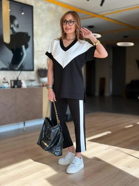 Lucky Life Kadın Kısa Kollu V Yaka Siyah Beyaz Renkli Viskon Iki Iplik Kumaş Eşofman Takımı - Resim 3