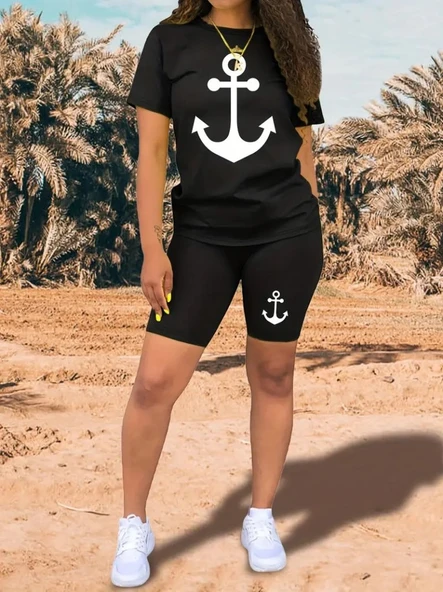 Lucky Life Kadın Kısa Kollu çapa Baskılı Viskon Ikili Takım - Resim 2