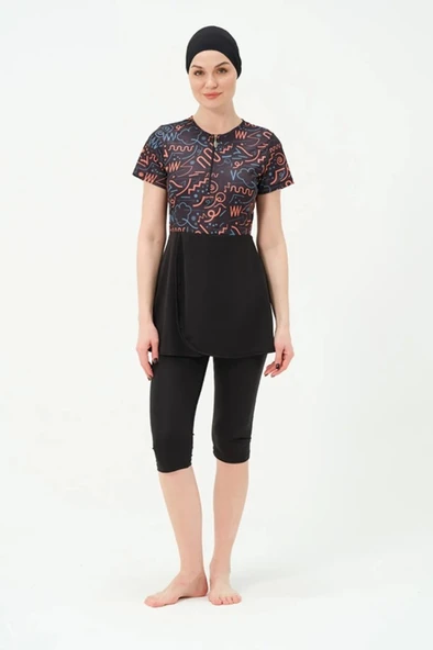 Tesmay 2312 Siyah Turuncu Lycralı Yarı Kapalı Havuz Mayo - Resim 6