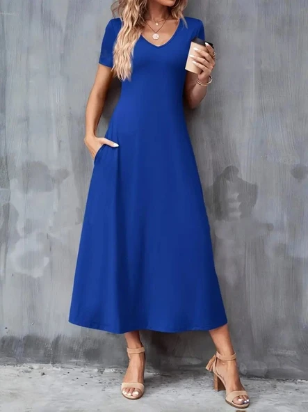 Lucky Life Kadın Kısa Kollu V Yakalı Cepli Viskon Elbise - Resim 3