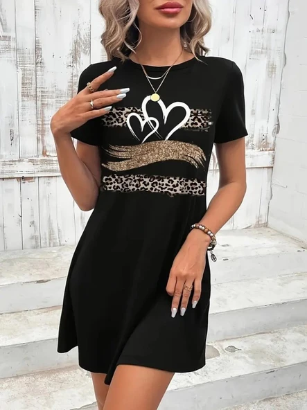 Lucky Life Kadın Kısa Kollu Bisiklet Yaka Desenli Viskon Elbise - Resim 3