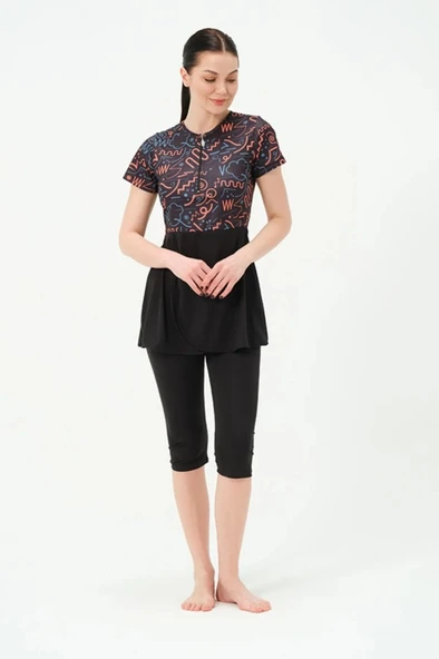 Tesmay 2312 Siyah Turuncu Lycralı Yarı Kapalı Havuz Mayo - Resim 4