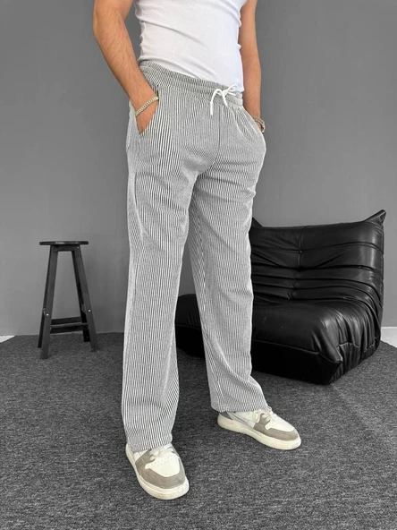 Su Yolu Çizgili Cepli Pantalon - Gri - 4