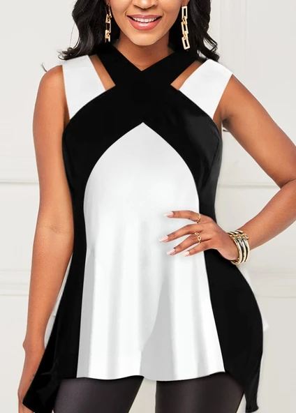 Lucky Life Kadın Askılı Boyundan çapraz Halter Yakalı çift Renkli Viskon Bluz - Resim 2