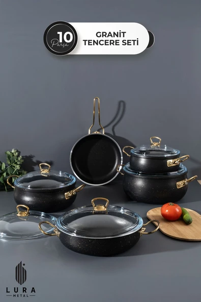 10 Parça Siyah Granit Tencere Seti - 26 cm Pyrex Kapaklı ve Gold Kulplu Şık ve Dayanıklı Tasarım