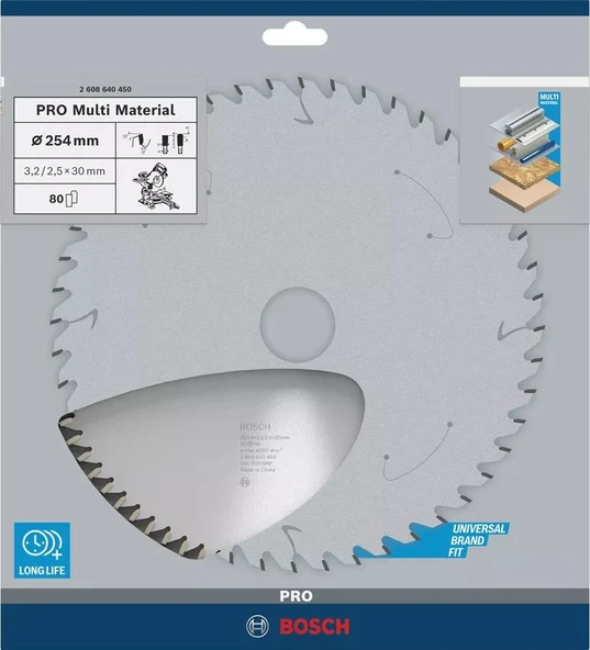 BOSCH 254x30x3,2 mm 80 Diş  PRO Multi Material Elmas Daire Testere- Aluminyum Kesime Uygun(2608640450) - 12