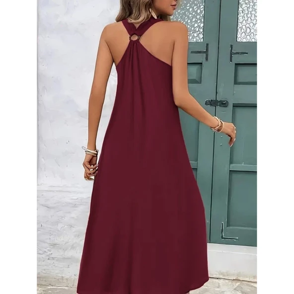 Lucky Life Kadın Askılı V Yakalı Halka Detaylı Maksi Boy Viskon Elbise