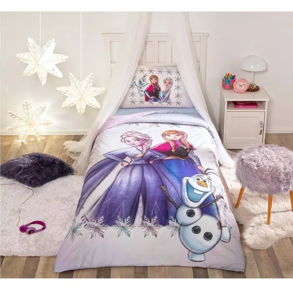 Özdilek Lisanslı Fitted Çarşaflı Tek Kişilik Çocuk Nevresim Takımı-Frozen Frosted Elsa Lila
