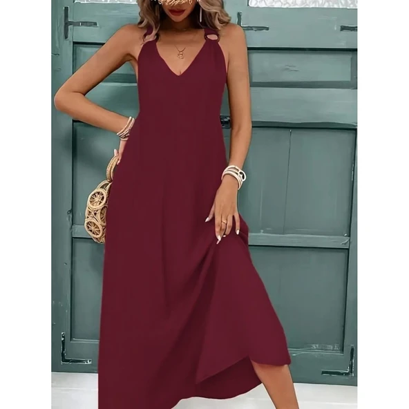 Lucky Life Kadın Askılı V Yakalı Halka Detaylı Maksi Boy Viskon Elbise - 2