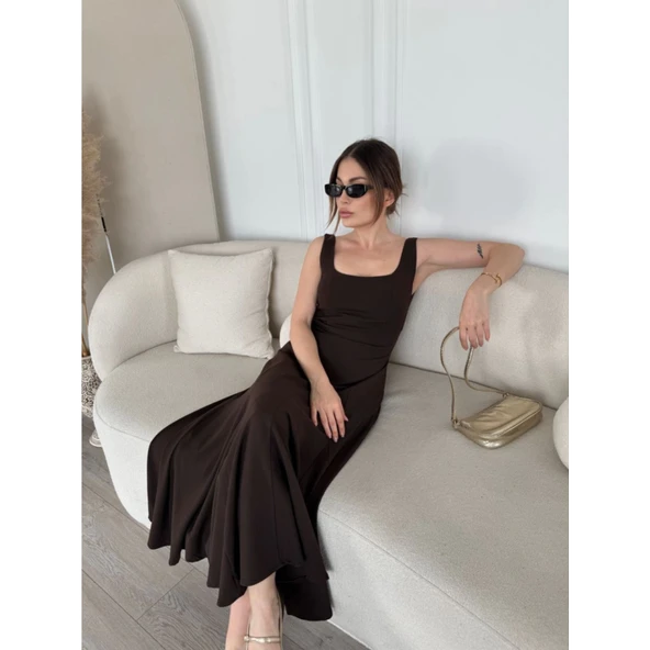 Lucky Life Kadın Sırt Dekolteli Lucky Life Kadın Kolsuz  Uzun Elbise - Kahverengi - Resim 4