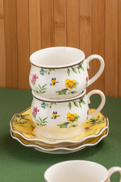 Porsima Kehribar Altın Yaldızlı Porselen 6 Kişilik Fincan Seti 12 Parça Türk Kahvesi Fincanı Takımı-100ml - 2