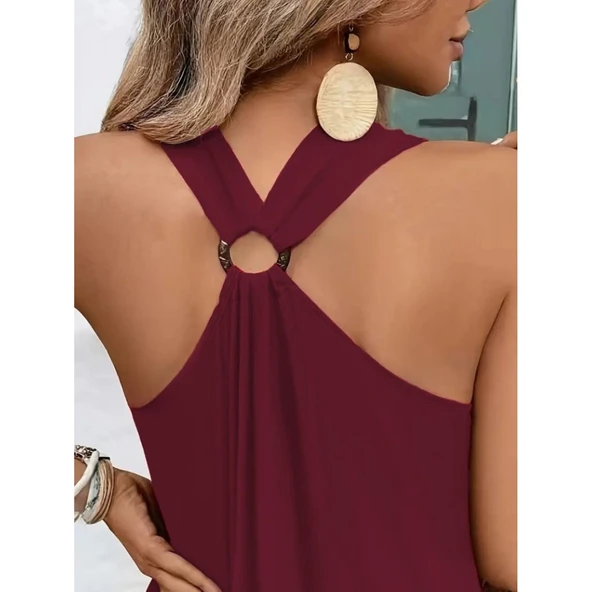 Lucky Life Kadın Askılı V Yakalı Halka Detaylı Maksi Boy Viskon Elbise - 3