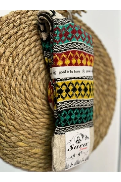 SARA DONNA GELENEKSEL DESENLİ YÜN FOLKLOR DİZALTI ÇORAP - ÇEYİZ İÇİN HOMEWEAR YÜN ÖRGÜ EV ÇORABI - 2