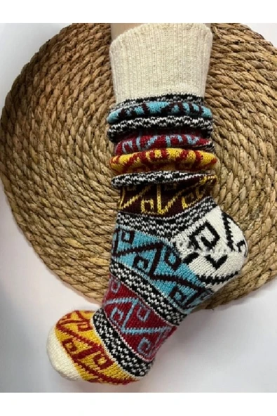 SARA DONNA GELENEKSEL DESENLİ YÜN FOLKLOR DİZALTI ÇORAP - ÇEYİZ İÇİN HOMEWEAR YÜN ÖRGÜ EV ÇORABI - 5