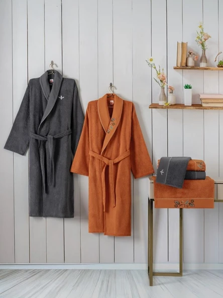 Cotton Box Folk Art Aile Bornoz Seti Dalila Tarçın-Antrasit