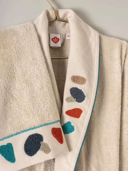 Cotton Box Puff Nakışlı Aile Bornoz Seti Gaja Bej-Petrol - 3