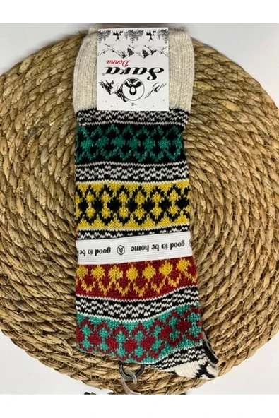 SARA DONNA GELENEKSEL DESENLİ YÜN FOLKLOR DİZALTI ÇORAP - ÇEYİZ İÇİN HOMEWEAR YÜN ÖRGÜ EV ÇORABI