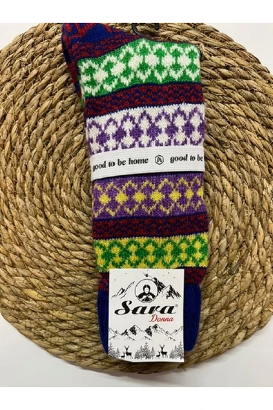 SARA DONNA GELENEKSEL DESENLİ YÜN FOLKLOR DİZALTI ÇORAP - ÇEYİZ İÇİN HOMEWEAR YÜN ÖRGÜ EV ÇORABI