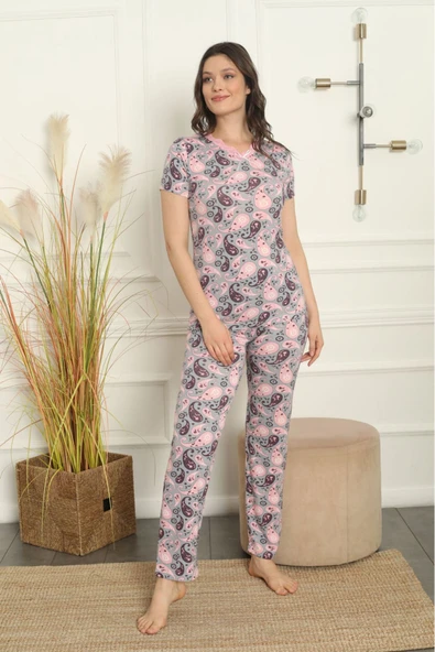 POLKAN Şal desenli kısa kollu Bambu pijama takımı Bamboo