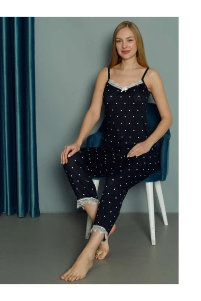 IŞILAY HOMEWEAR Dantel Dekorlu Pegasus Ip Askılı Pijama Takımı Lacivert