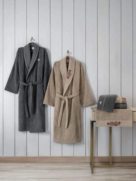 Cotton Box Folk Art Aile Bornoz Seti Yamka Bej-Antrasit