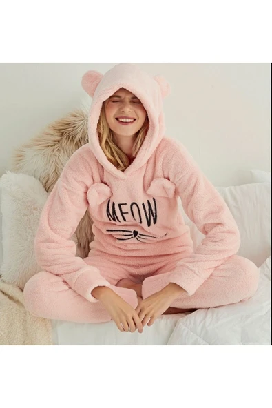 Pijamoni PİJAMONİ KAPÜŞONLU KULAKLI POLAR PİJAMA TAKIMI-MEOW