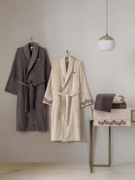 Cotton Box Puff Nakışlı Aile Bornoz Seti Molende Bej-Antrasit