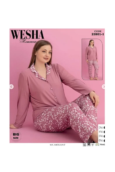 WESHA Penye Anne Pijama takımı Boydan düğmeli gömlek yaka büyük beden battal pijama takımı - 1