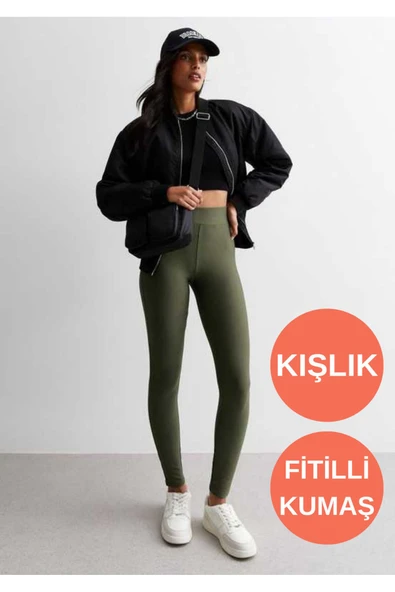 çamaşırsepeti Normal Bel Fitilli Polarlı içi ŞardonluHaki Yeşil Kışlık yumuşak dokulu esnek Spor Tayt - 2