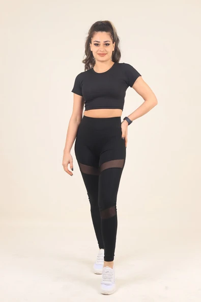 Women update Yüksek Bel, Çapraz Çift Tüllü, Toparlayıcı Siyah Tayt