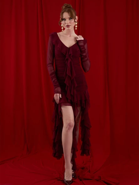 Fırfırlı Volanlı Mini Tül Elbise Bordo - 7