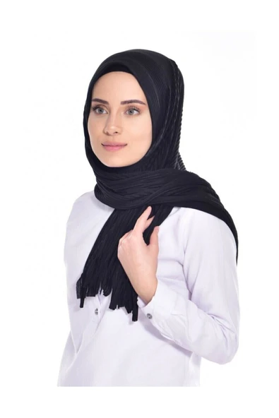Moda Blue Piliseli Siyah Önü Hazır Ince Süngerli Hazır Şal/pratik Şal Eşarp