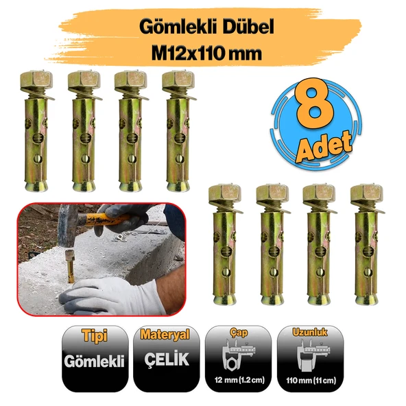 Saplamalı Gömlek Çelik Dübel M12x110 mm Raf Montaj Bağlantı Zemin Monte Tavan Beton Asma Aparat