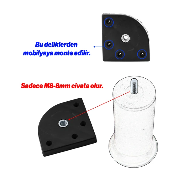 Mobilya Kanepe Baza Yatak Koltuk Destek Yükseltme Ayağı M8 Civatalı Aparat Krom Metal 15 cm Ayaklar - Resim 4