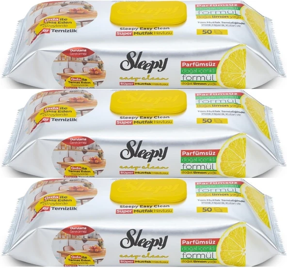 Sleepy Easy Clean Yüzey Temizlik Mutfak Havlusu -Mendili  50 Yaprak Limon Yağlı (3Lü Set) 150 Yaprak
