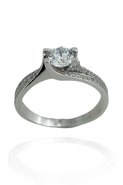 8 Ayar Beyaz Altın Sıralı Taşlı Zirkon Tektaş Yüzük - Resim 3