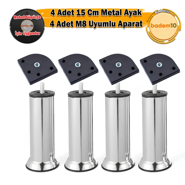 Mobilya Kanepe Baza Yatak Koltuk Destek Yükseltme Ayağı M8 Civatalı Aparat Krom Metal 15 cm Ayaklar