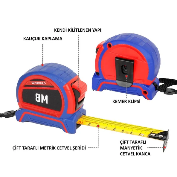 WORKPRO WP261044 8Mx25mm Naylon Kaplama Sarı Çift Taraflı Manyetik Çelik Şerit Metre - Resim 2