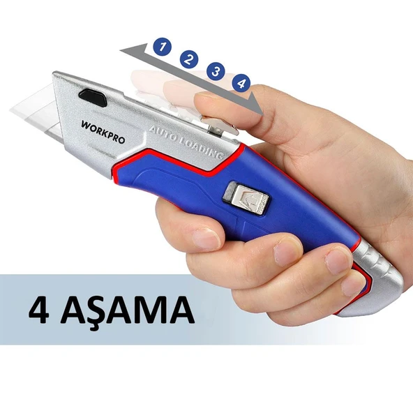 WORKPRO WP213012 Ağır Hizmet Alüminyum Gövde Geri Çekilebilir Rötuş Maket Bıçağı + 4 Adet Yedek Bıçak - 5