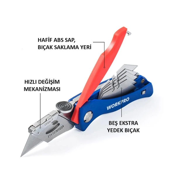 WORKPRO WP211006 Ağır Hizmet Paslanmaz Çelik Gövde Katlanır Rötuş Maket Bıçağı + 6 Adet Yedek Bıçak - 2
