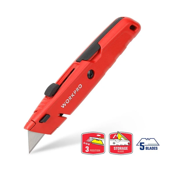 WORKPRO WP213009 Ağır Hizmet Alüminyum Gövde Geri Çekilebilir Rötuş Maket Bıçağı + 5 Adet Yedek Bıçak ürün görseli